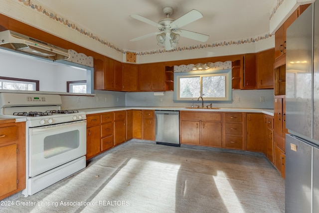 kitchen featuring appliances with stainless steel finishes, sink, ceiling fan, and exhaust hood