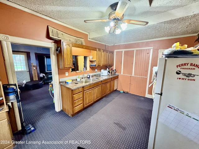 kitchen featuring ceiling fan, sink, white refrigerator, a textured ceiling, and ornamental molding