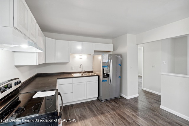 kitchen with dark wood-type flooring, sink, range with electric stovetop, white cabinetry, and stainless steel fridge with ice dispenser