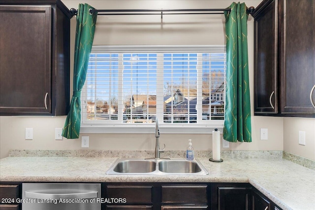 kitchen with stainless steel dishwasher, dark brown cabinets, and sink