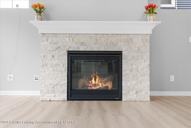 details featuring hardwood / wood-style floors and a stone fireplace