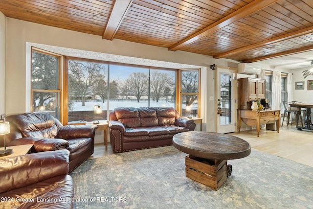 living room featuring beamed ceiling, hardwood / wood-style floors, and wooden ceiling