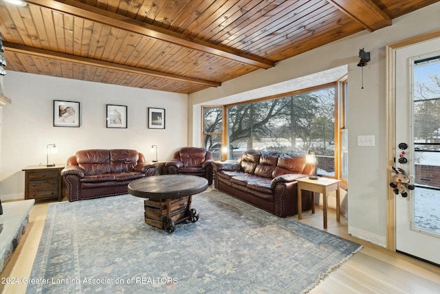 living room featuring wood-type flooring, a wealth of natural light, and wooden ceiling