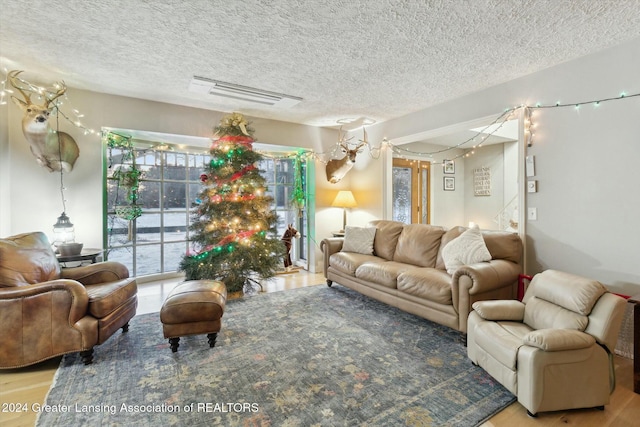 living room with wood-type flooring and a textured ceiling