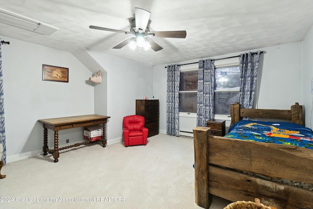 bedroom with ceiling fan, carpet floors, and a baseboard radiator