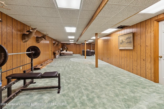 exercise room featuring a paneled ceiling, wood walls, and carpet