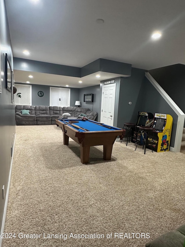 recreation room with carpet and billiards