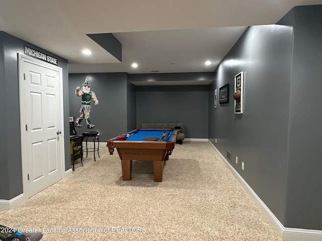 game room with carpet and pool table