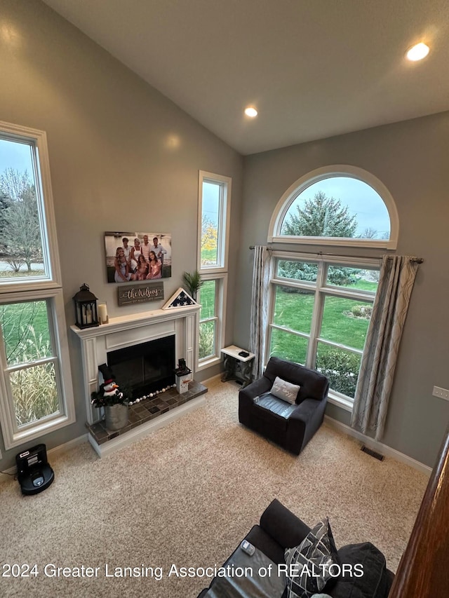 carpeted living room with vaulted ceiling