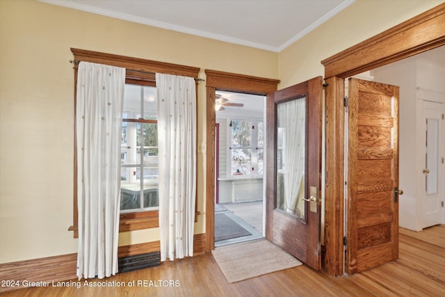 doorway featuring crown molding, ceiling fan, and light wood-type flooring