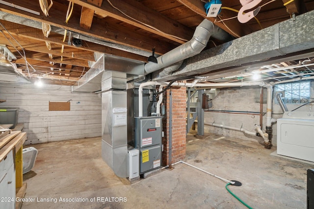 basement with washer / dryer and heating unit