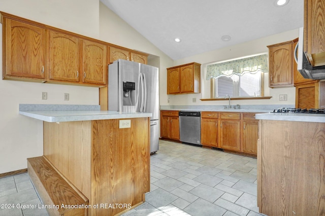 kitchen with sink, vaulted ceiling, and appliances with stainless steel finishes