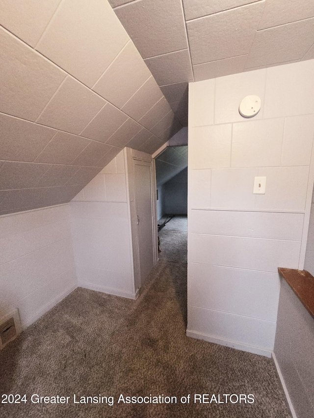 additional living space featuring dark carpet and lofted ceiling