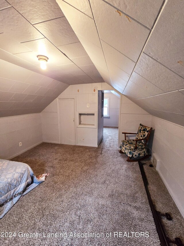 unfurnished bedroom featuring carpet floors and lofted ceiling