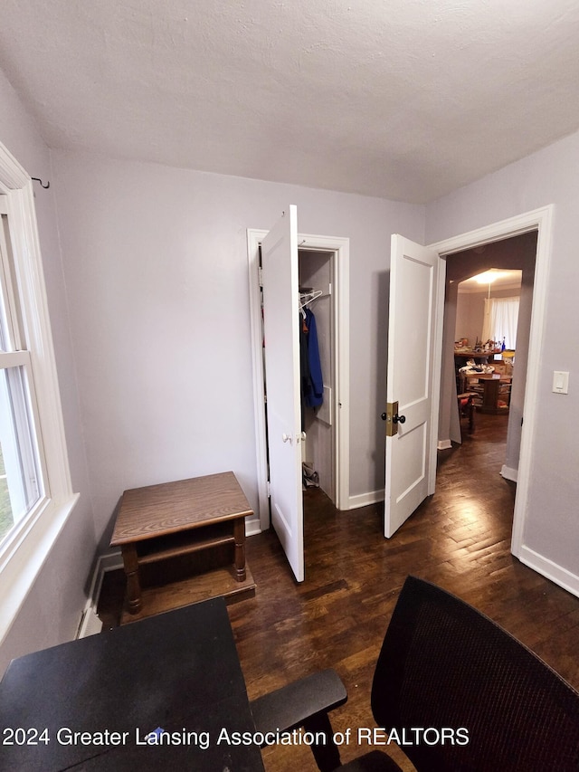 bedroom featuring a textured ceiling, a spacious closet, a closet, and dark hardwood / wood-style floors