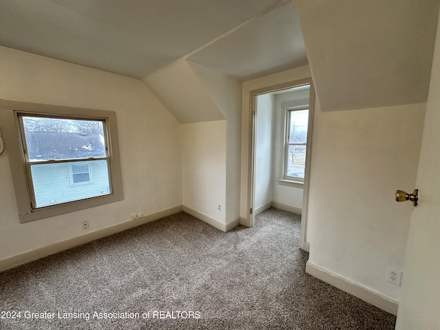 bonus room featuring carpet, plenty of natural light, and lofted ceiling