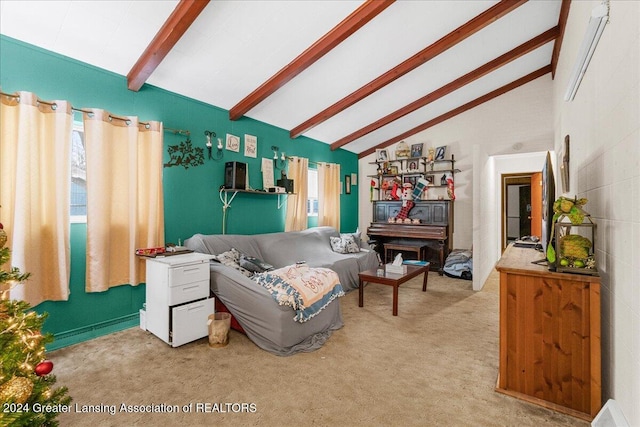 carpeted living room featuring beamed ceiling, high vaulted ceiling, and a baseboard heating unit