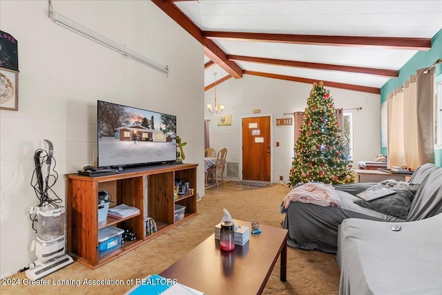 living room with carpet, vaulted ceiling with beams, and an inviting chandelier