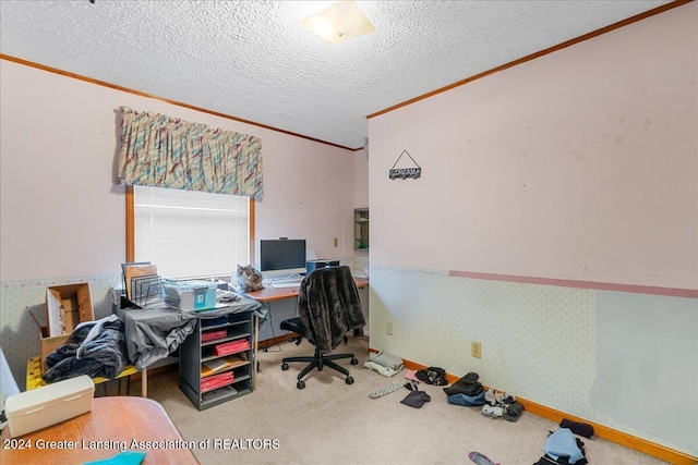 office space featuring lofted ceiling, carpet floors, a textured ceiling, and ornamental molding