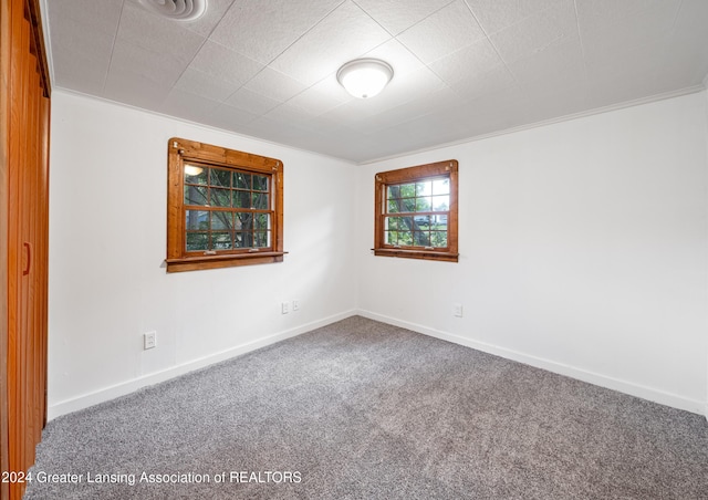 empty room with carpet floors and ornamental molding