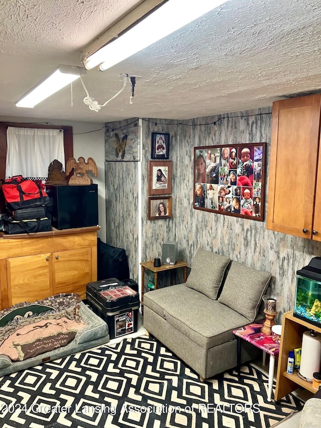 living room featuring a textured ceiling