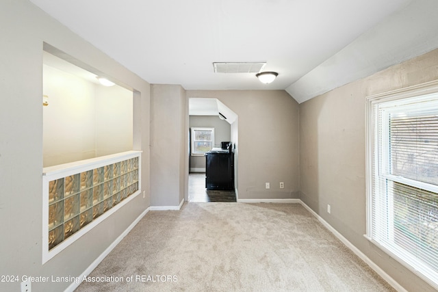 additional living space with carpet floors, a healthy amount of sunlight, and lofted ceiling