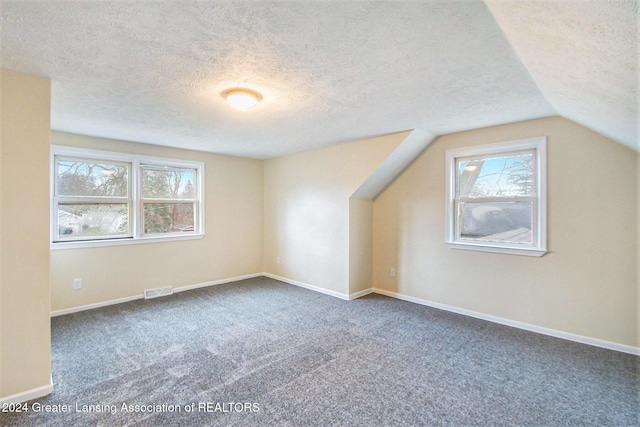 bonus room with a textured ceiling, carpet floors, and lofted ceiling