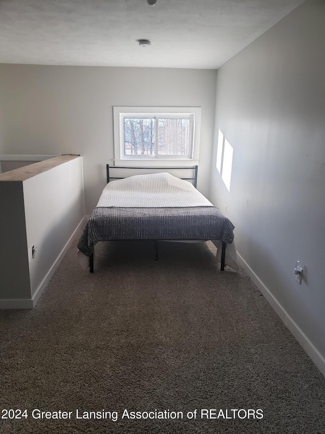 bedroom with dark carpet