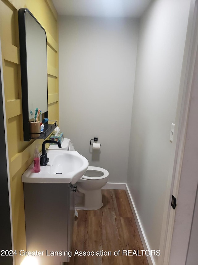 bathroom featuring hardwood / wood-style floors, vanity, and toilet