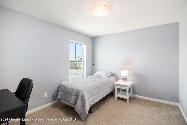 bedroom featuring light colored carpet