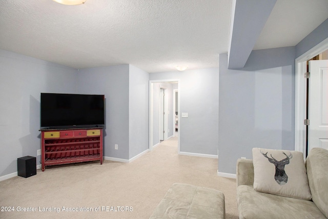 carpeted living room with a textured ceiling