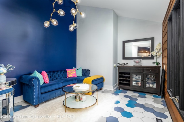 living room featuring vaulted ceiling