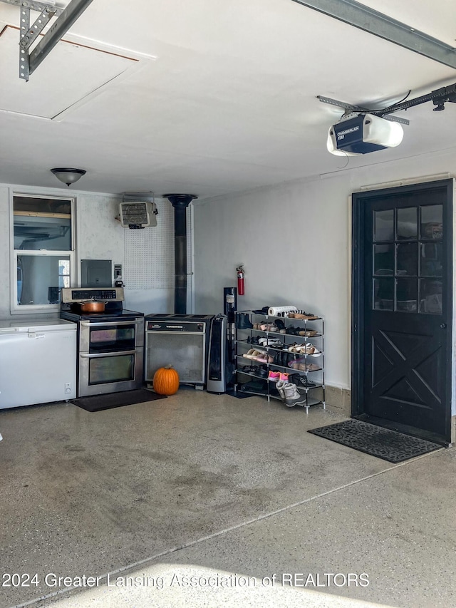 garage with a garage door opener and fridge