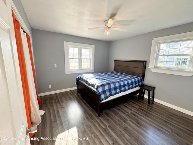 bedroom with multiple windows, dark wood-type flooring, and ceiling fan