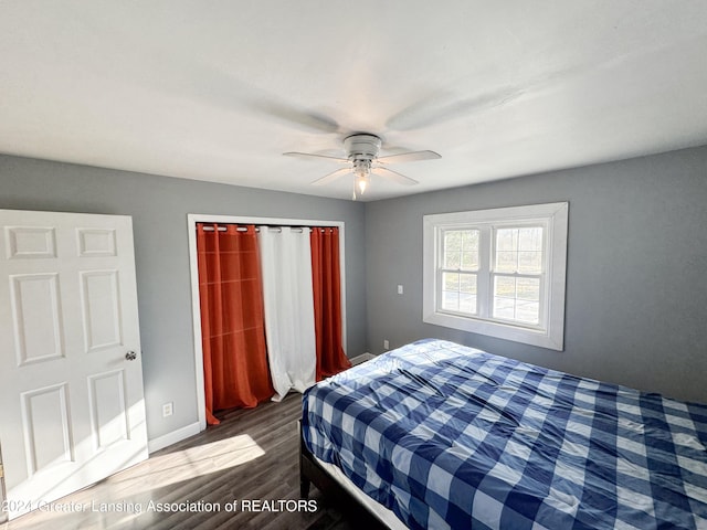 bedroom featuring ceiling fan and dark hardwood / wood-style floors