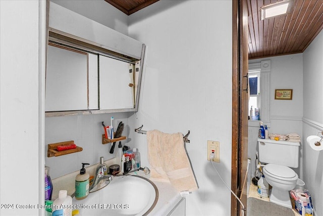 bathroom featuring vanity, toilet, and wood ceiling