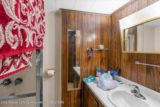 bathroom with vanity and wood walls