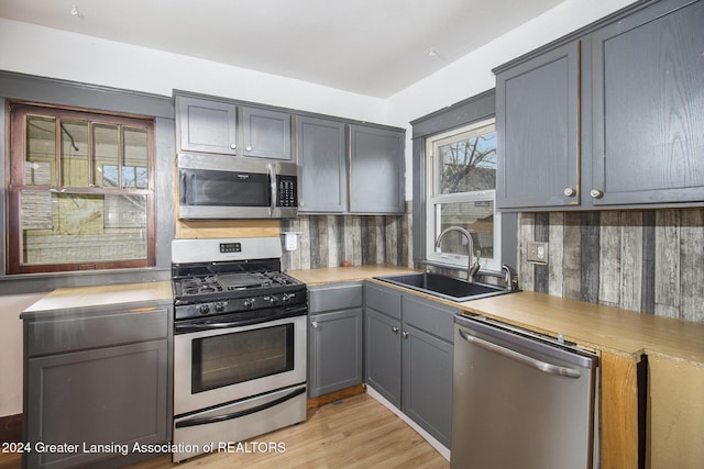 kitchen with appliances with stainless steel finishes, light wood-type flooring, backsplash, gray cabinetry, and sink