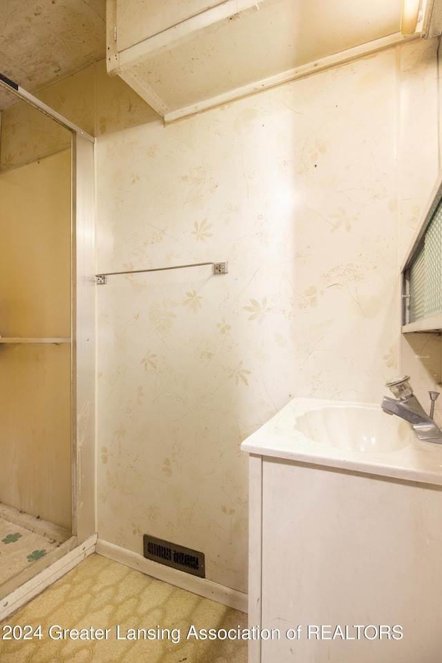 bathroom with a shower and vanity