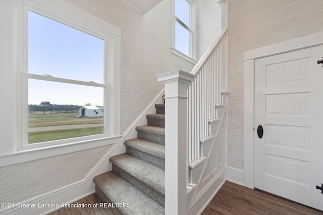 stairs featuring hardwood / wood-style floors and a wealth of natural light