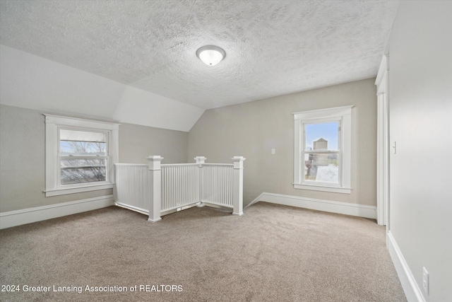 additional living space with a textured ceiling, lofted ceiling, carpet floors, and a wealth of natural light