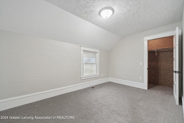 additional living space featuring carpet, a textured ceiling, and lofted ceiling