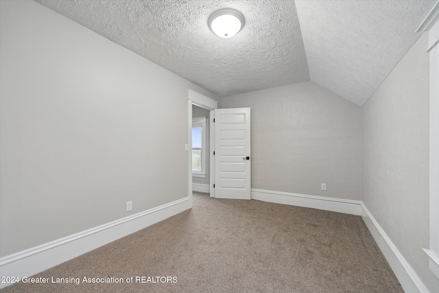 interior space featuring carpet, a textured ceiling, and lofted ceiling