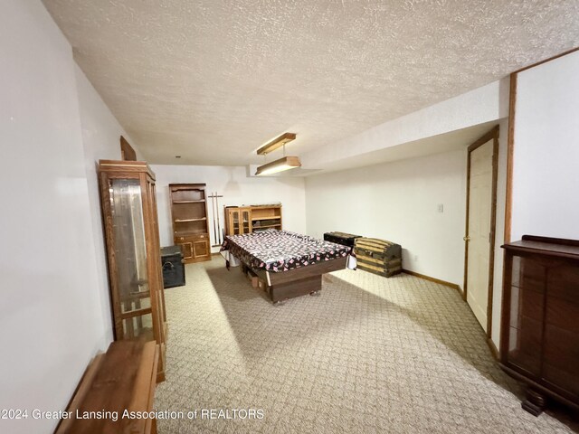 carpeted bedroom with a textured ceiling