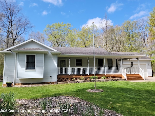 10004 Lakeside Dr, Perrinton, MI 48871 - ranch-style home featuring covered porch, a garage, a front lawn, and a shingled roof