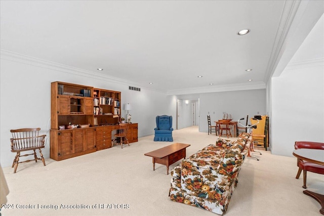 carpeted living room with ornamental molding