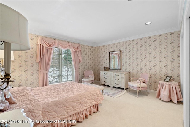 carpeted bedroom with crown molding