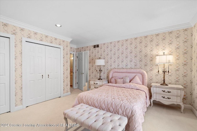 carpeted bedroom with crown molding