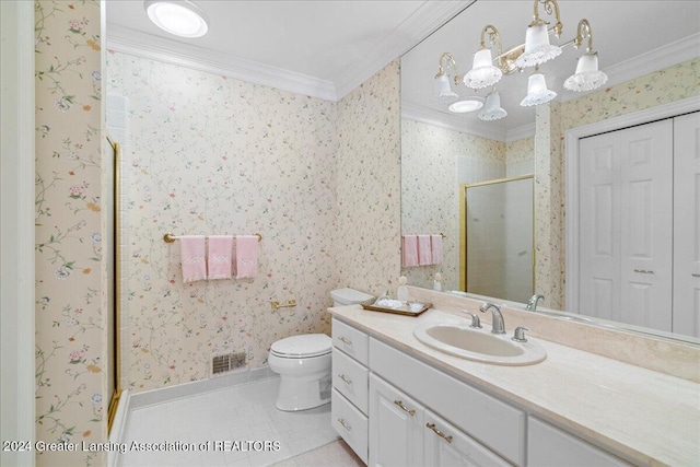 bathroom featuring toilet, tile patterned floors, walk in shower, and crown molding