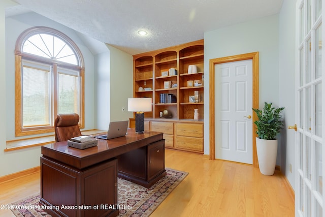 home office featuring light hardwood / wood-style floors and a textured ceiling